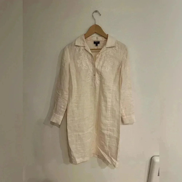 TALBOTS linen embroidered knee length belted shirt dress size 4P sundress dissh - Picture 5 of 10